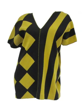 1980s Issey Miyake Yellow and Black Diamond and Stripe Cotton Knit Top