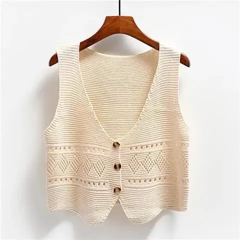 2024 Korean Fashion V Neck Loose Sleeveless Sweater Vest Women Knitted Hollow Out Single Breasted Short Cardigan Female Knitwear