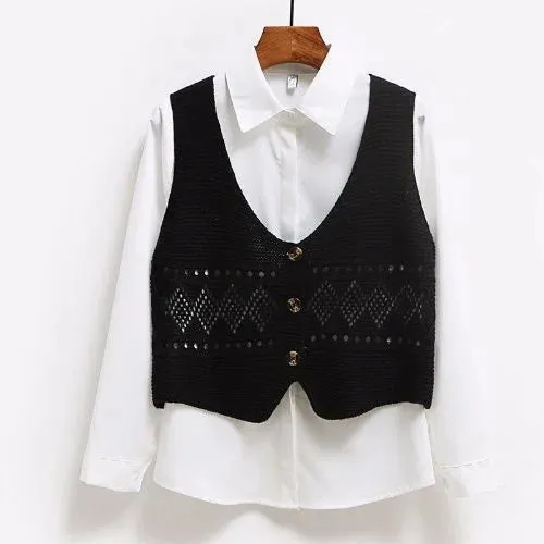 2024 Korean Fashion V Neck Loose Sleeveless Sweater Vest Women Knitted Hollow Out Single Breasted Short Cardigan Female Knitwear