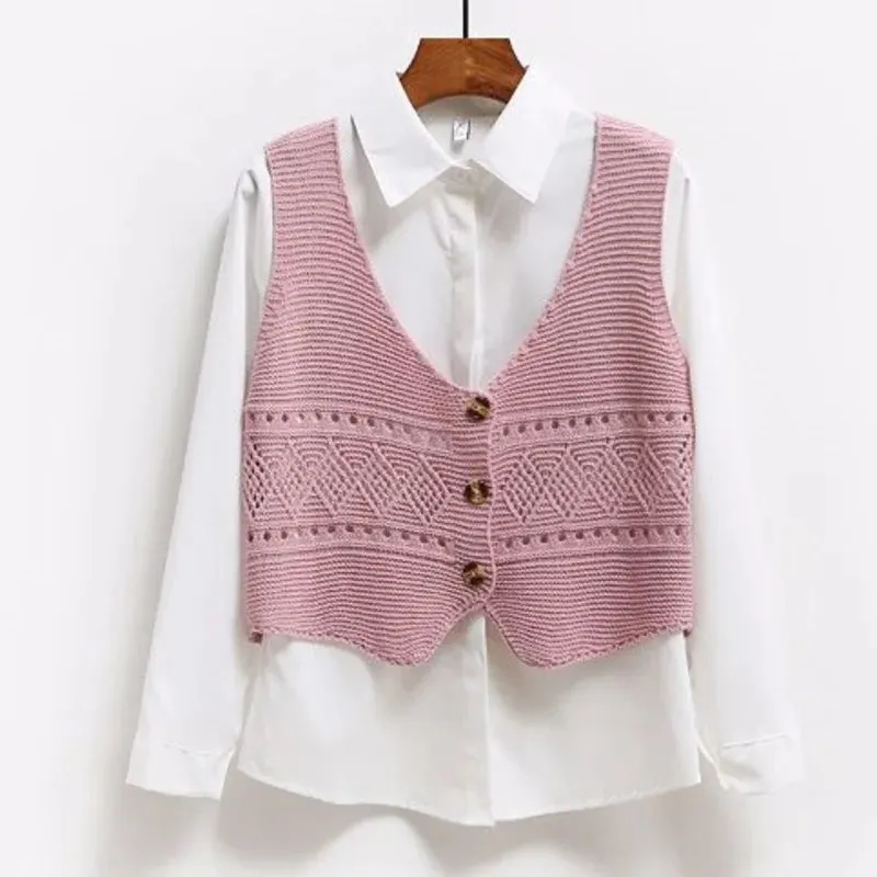 2024 Korean Fashion V Neck Loose Sleeveless Sweater Vest Women Knitted Hollow Out Single Breasted Short Cardigan Female Knitwear