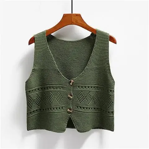 2024 Korean Fashion V Neck Loose Sleeveless Sweater Vest Women Knitted Hollow Out Single Breasted Short Cardigan Female Knitwear