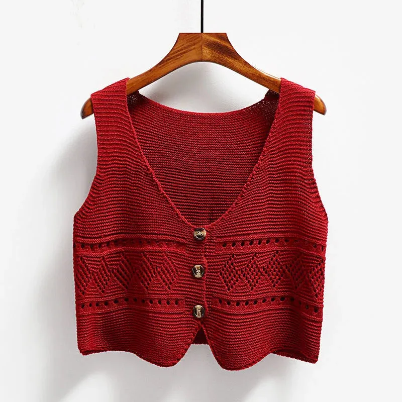 2024 Korean Fashion V Neck Loose Sleeveless Sweater Vest Women Knitted Hollow Out Single Breasted Short Cardigan Female Knitwear