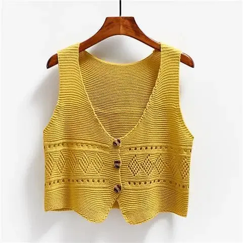 2024 Korean Fashion V Neck Loose Sleeveless Sweater Vest Women Knitted Hollow Out Single Breasted Short Cardigan Female Knitwear