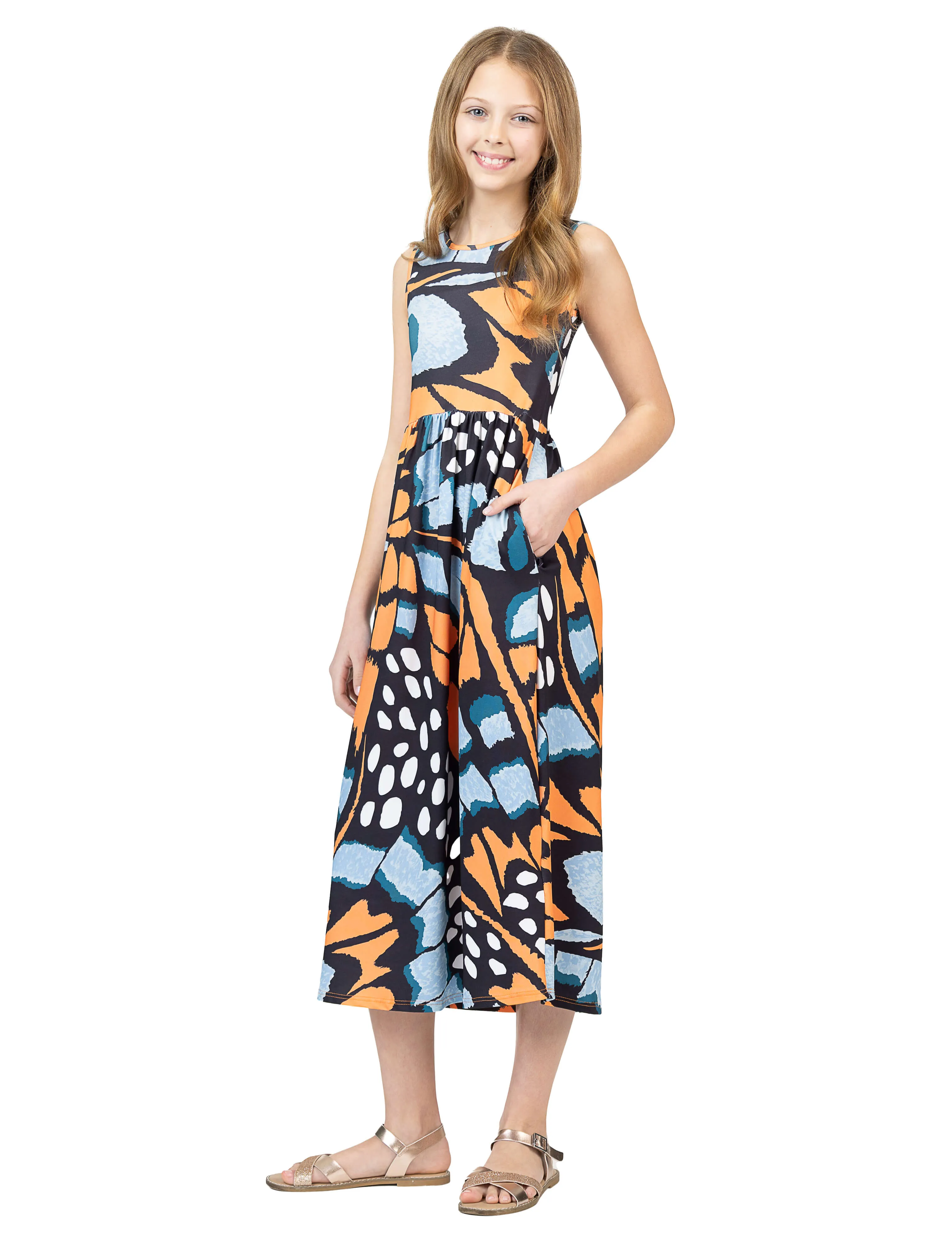 24sevenkid Girls Orange Butterfly Print Sleeveless Pocket Maxi Dress