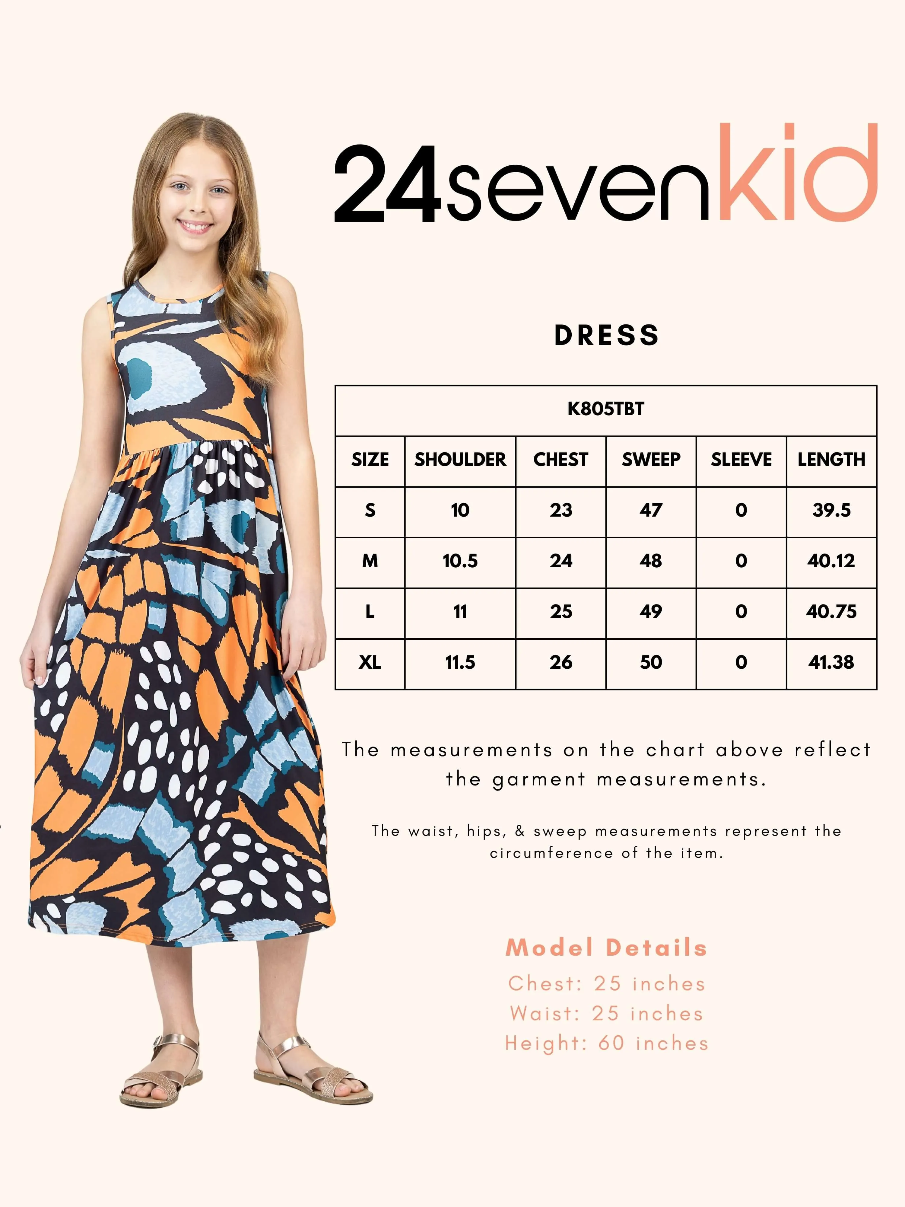 24sevenkid Girls Orange Butterfly Print Sleeveless Pocket Maxi Dress