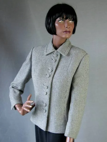 50s Women's Jacket Vintage Blue Tweed Suit Cashmere? M/L Marguerite Walter VFG