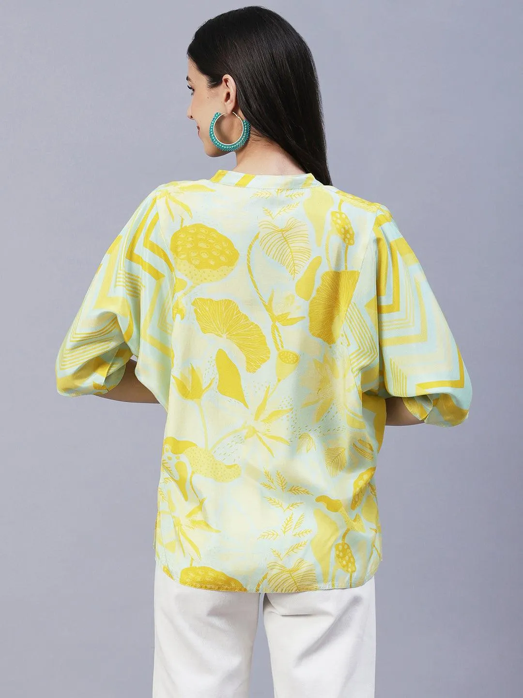 Abstract & Floral Printed Resham & Sequins Kantha Stitched Top - Yellow