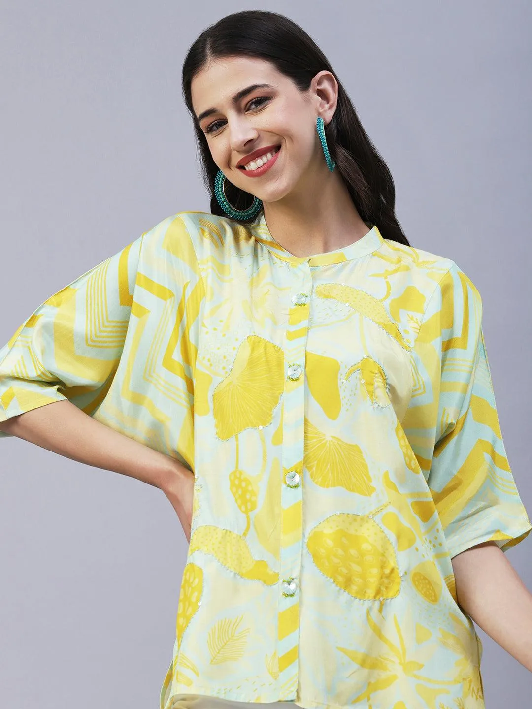 Abstract & Floral Printed Resham & Sequins Kantha Stitched Top - Yellow