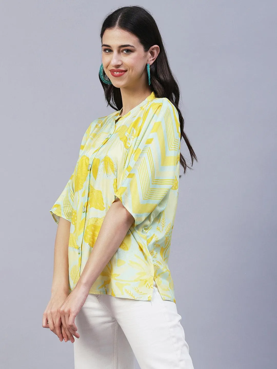 Abstract & Floral Printed Resham & Sequins Kantha Stitched Top - Yellow