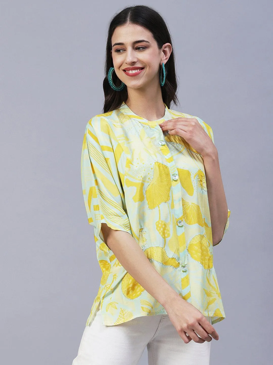 Abstract & Floral Printed Resham & Sequins Kantha Stitched Top - Yellow