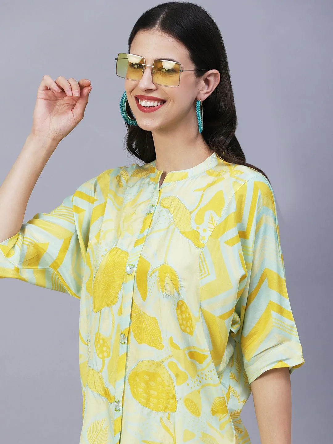 Abstract & Floral Printed Resham & Sequins Kantha Stitched Top - Yellow