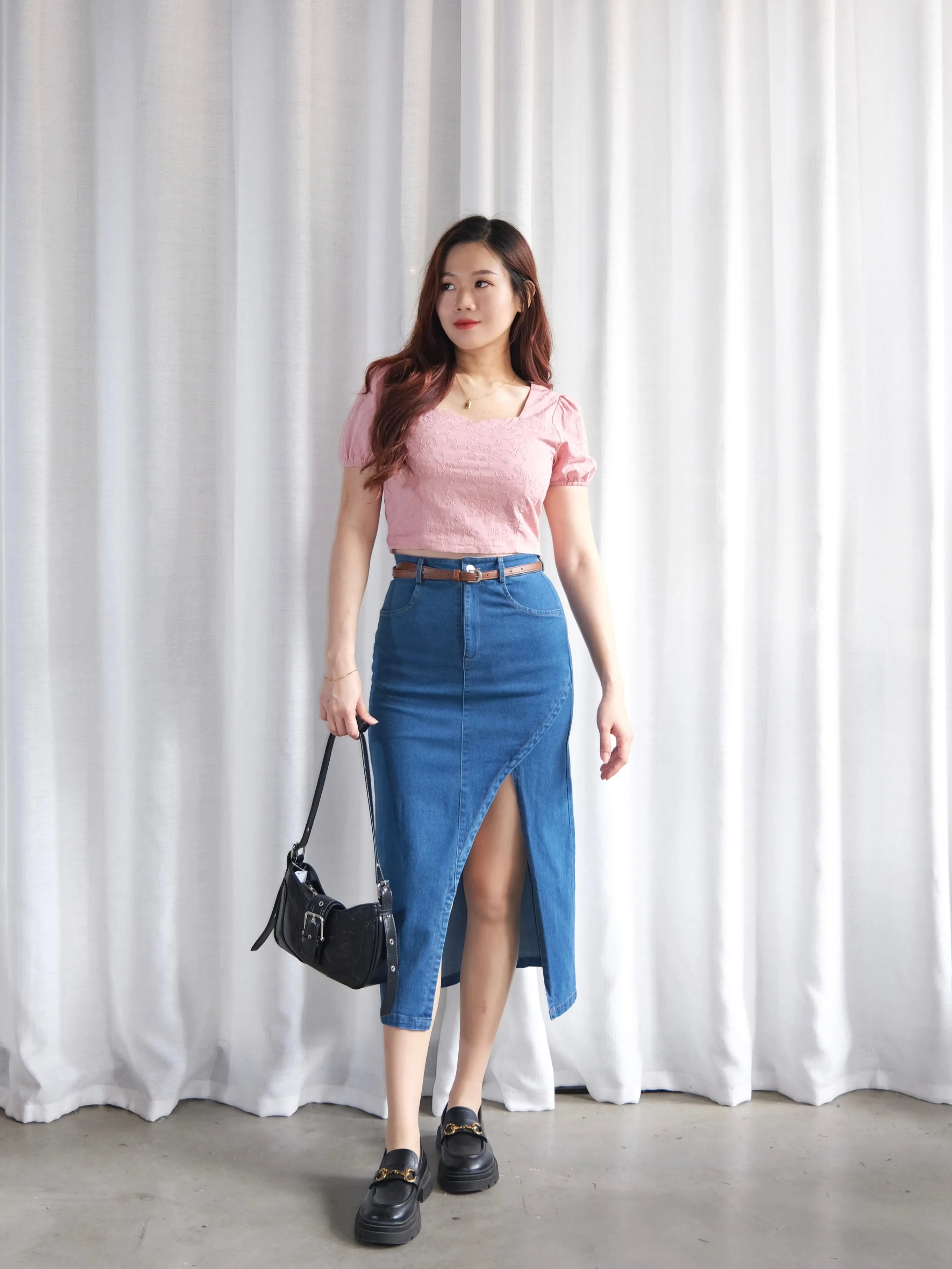 ACEWIN Front Split Maxi Belted Denim Skirt (Size S-XL) 400387