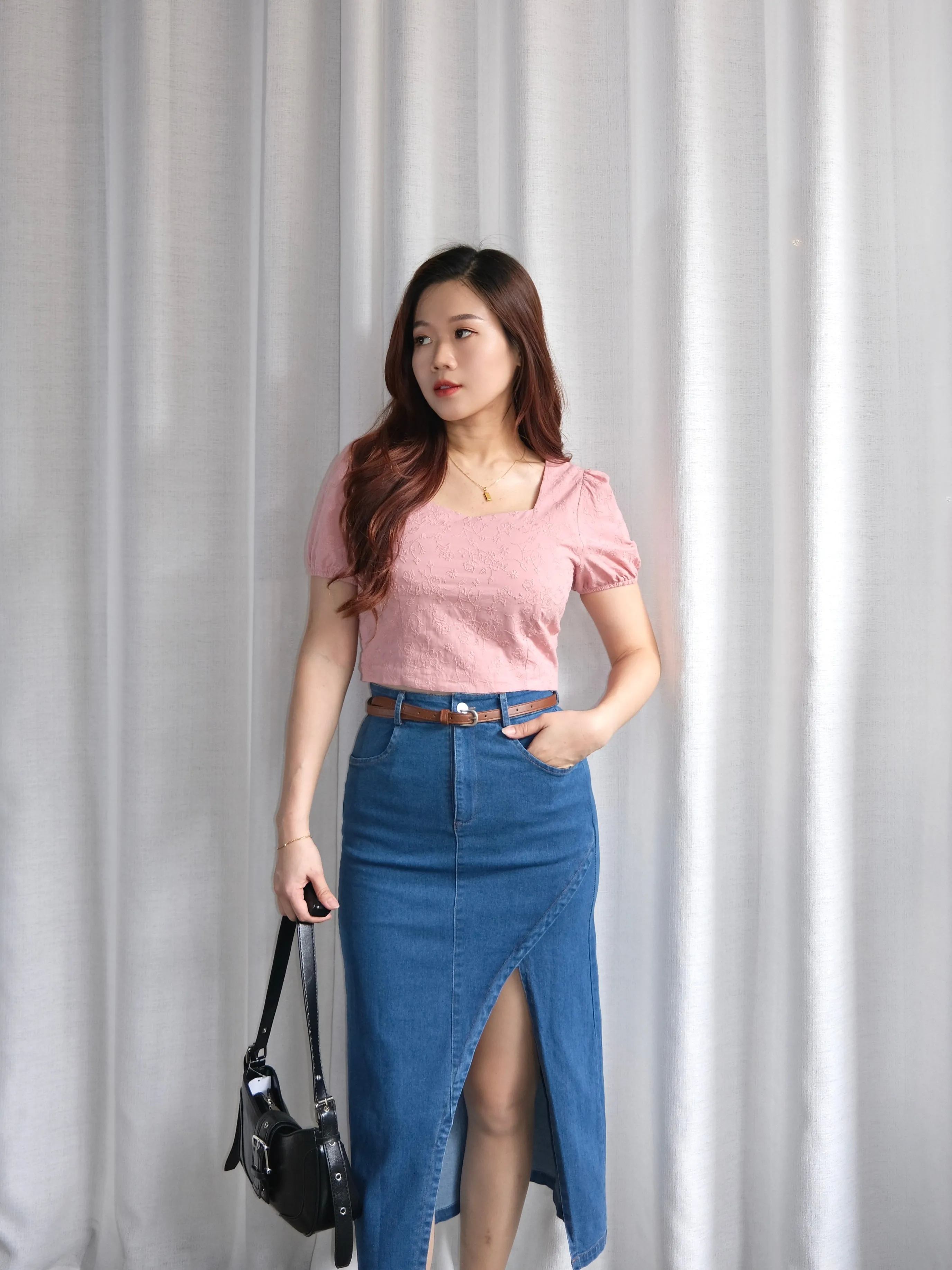 ACEWIN Front Split Maxi Belted Denim Skirt (Size S-XL) 400387