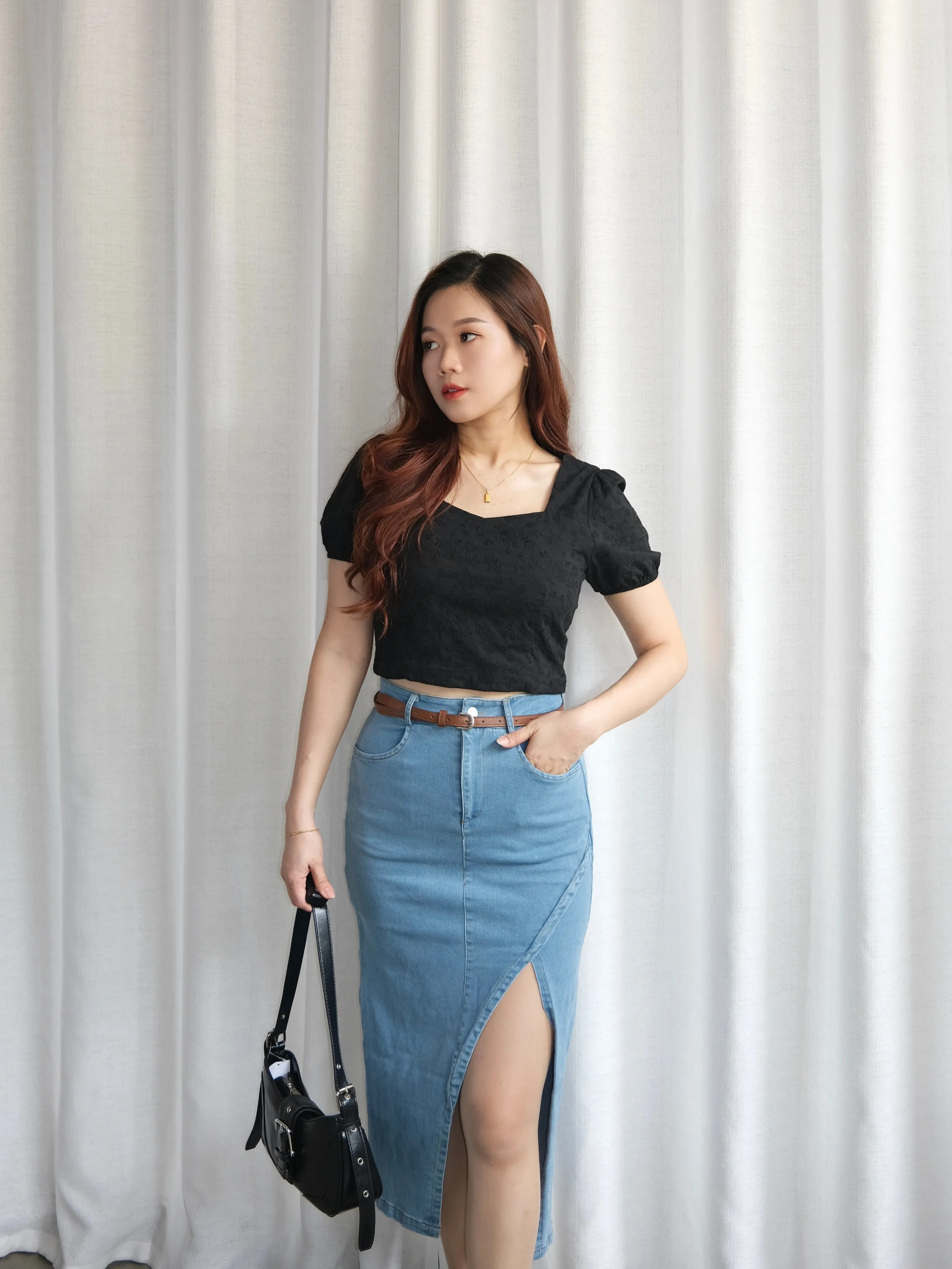 ACEWIN Front Split Maxi Belted Denim Skirt (Size S-XL) 400387