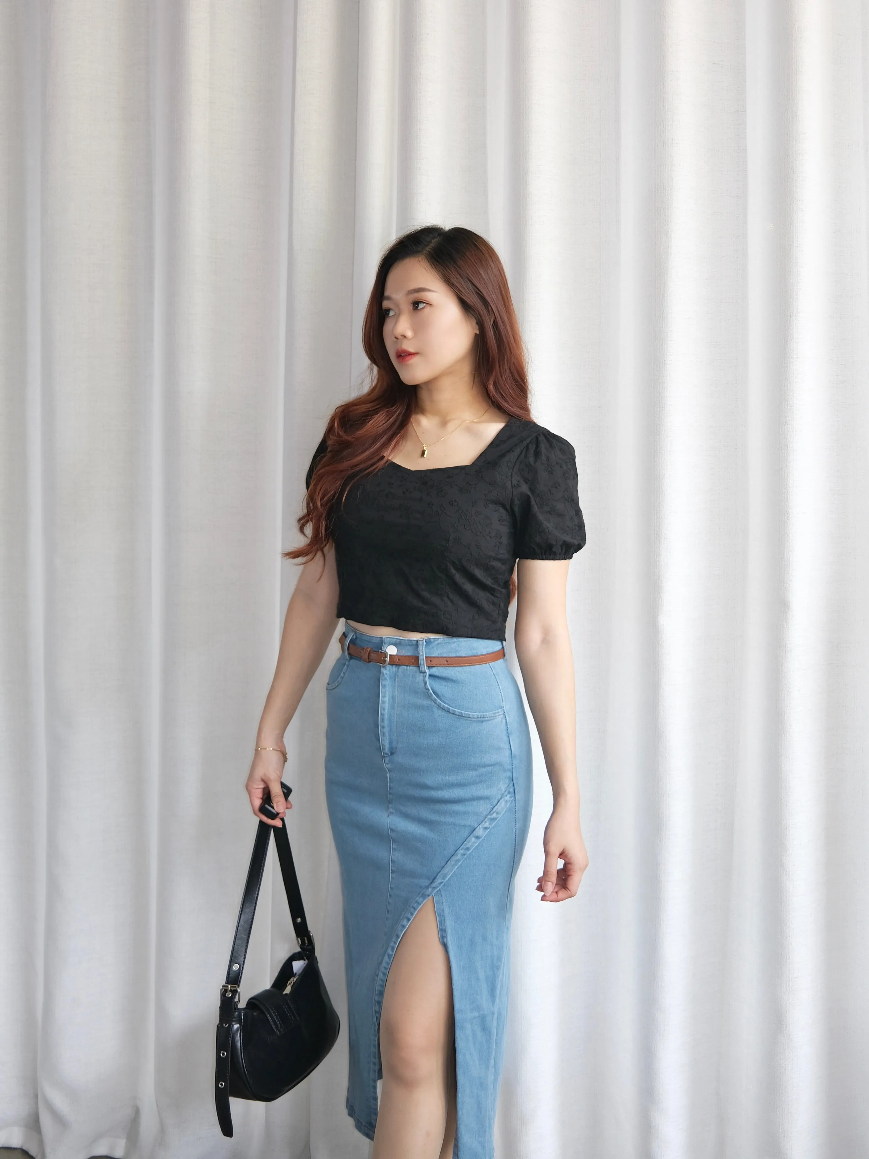 ACEWIN Front Split Maxi Belted Denim Skirt (Size S-XL) 400387