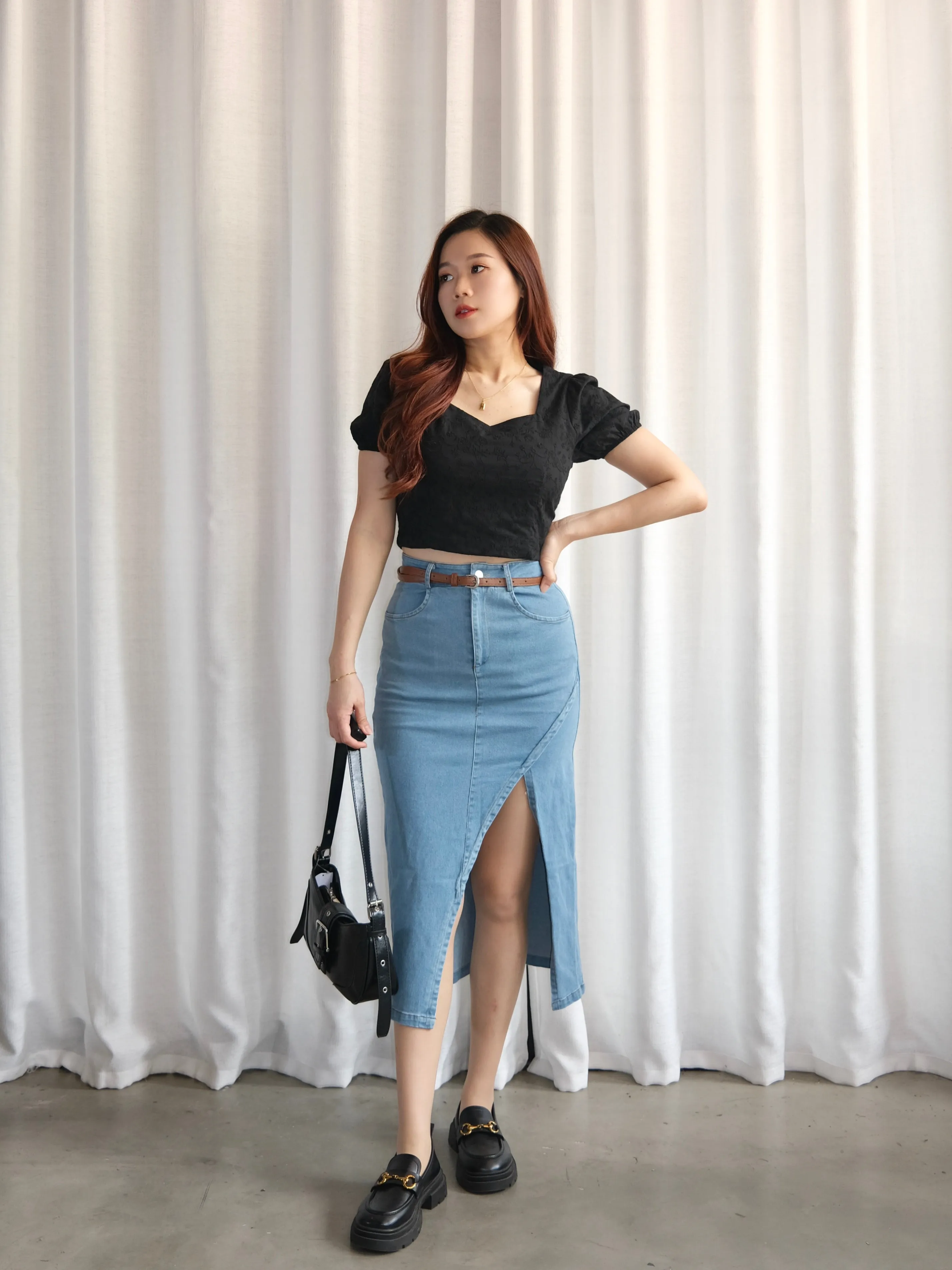 ACEWIN Front Split Maxi Belted Denim Skirt (Size S-XL) 400387