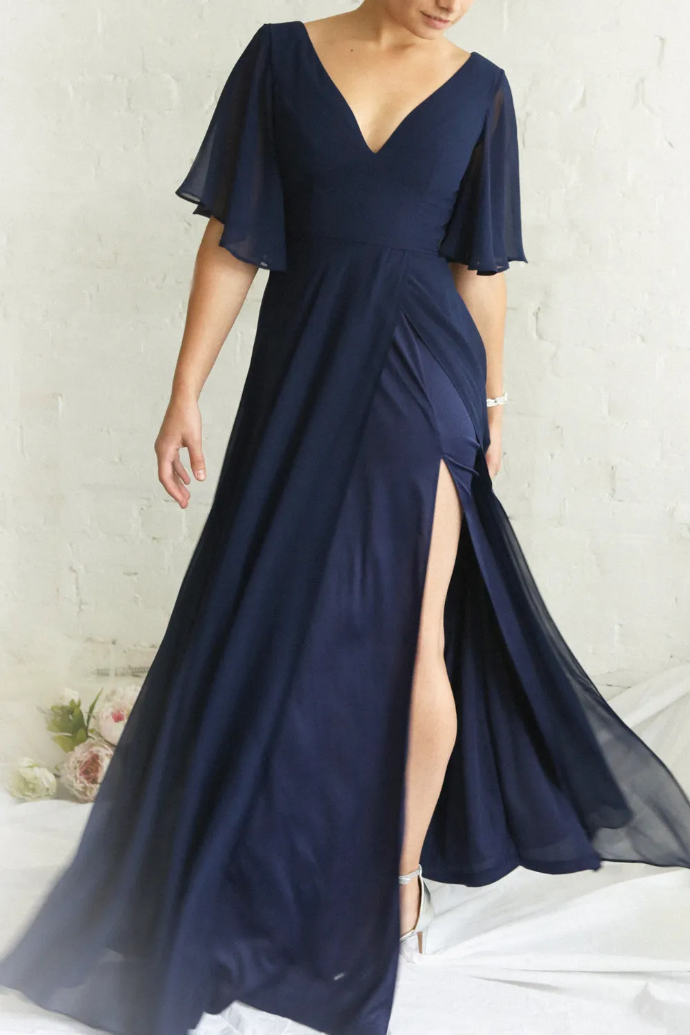 Adelphia Navy | V-Neck Chiffon Maxi Dress