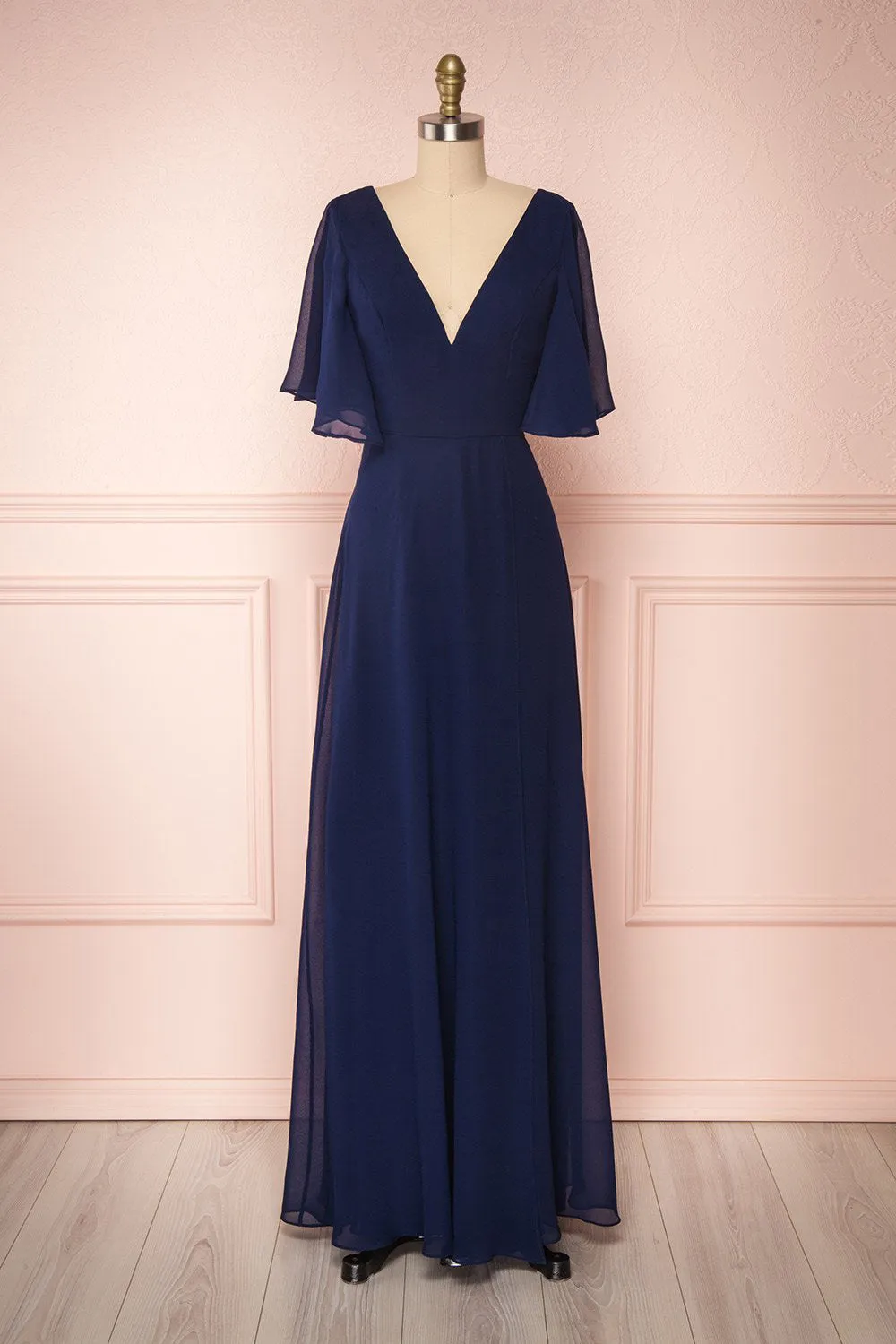 Adelphia Navy | V-Neck Chiffon Maxi Dress