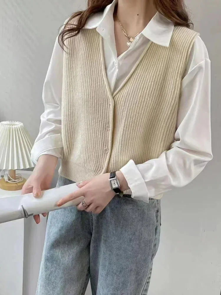 Aiertu New Casual Vertical Striped Simple Knitted Vest Women's Sleeveless Top V-neck Short Knitted Vest Cardigan Jacket Women Sweater