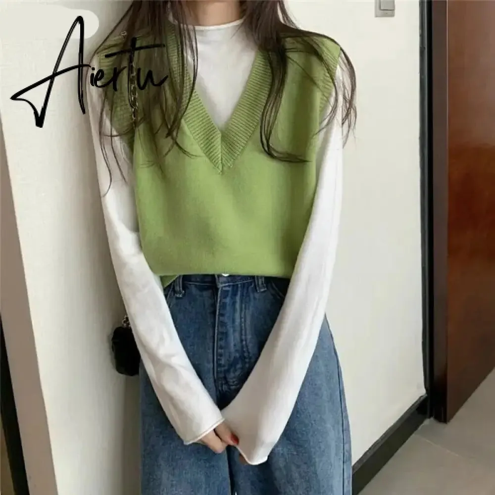 Aiertu Sweater Vest Women Solid Autumn Winter All-match Leisure Outerwear Knitted V-Neck Sleeveless Female Elegant Chic Simple Harajuku