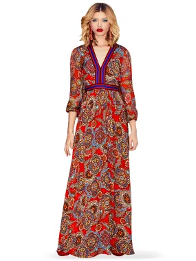 ALICE   OLIVIA - Jaida Ember Deep V Blouson Maxi Dress in Poppy/Multi