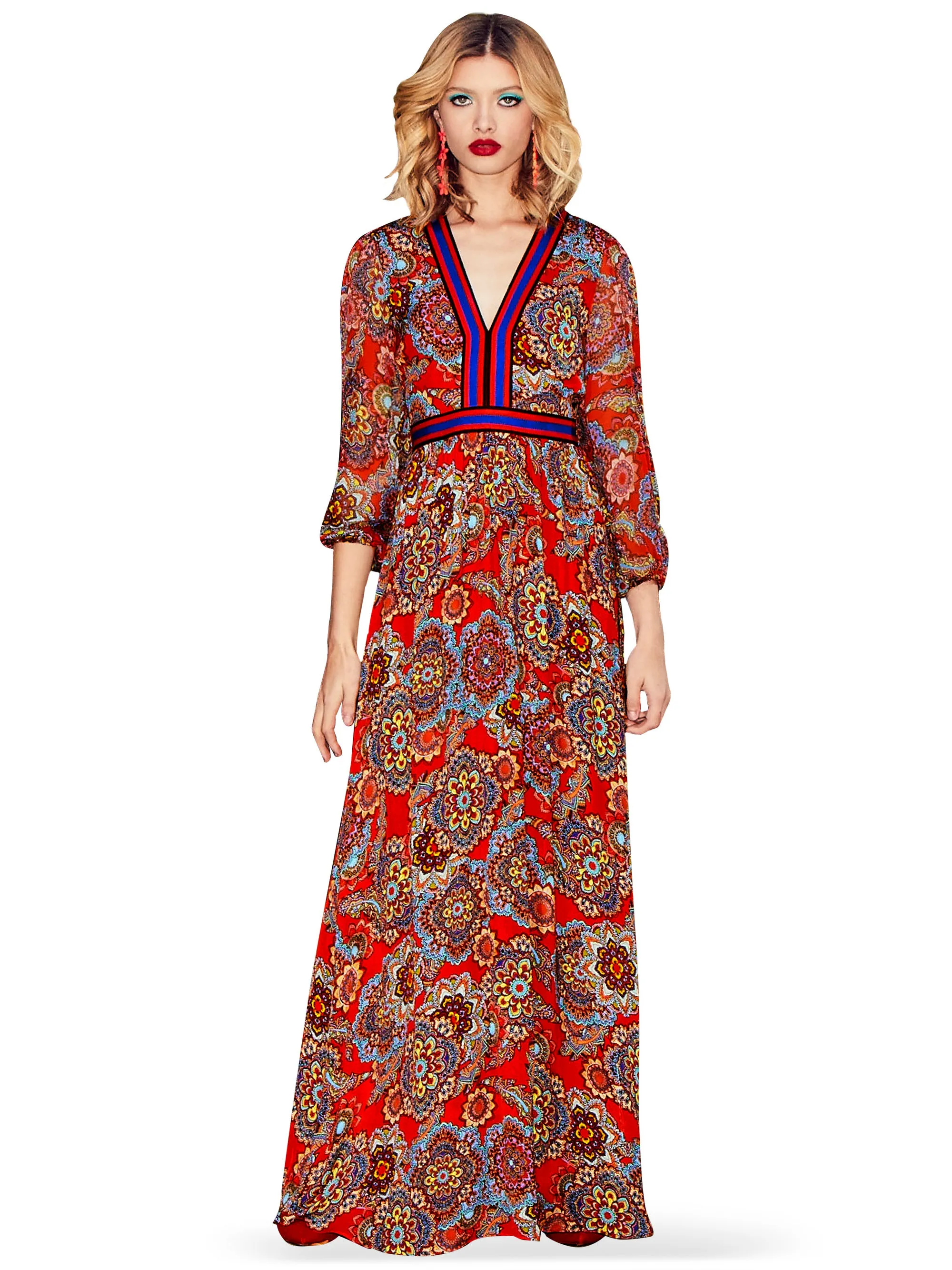 ALICE   OLIVIA - Jaida Ember Deep V Blouson Maxi Dress in Poppy/Multi