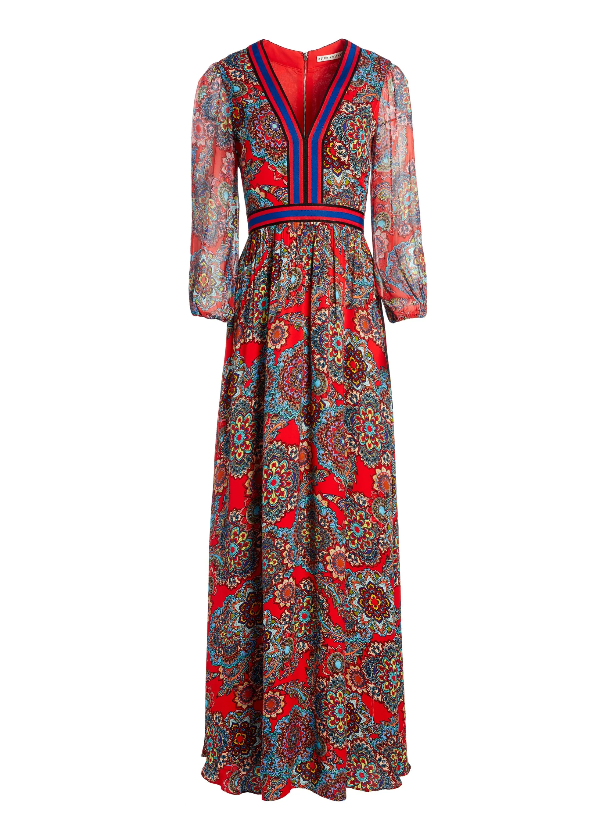 ALICE   OLIVIA - Jaida Ember Deep V Blouson Maxi Dress in Poppy/Multi