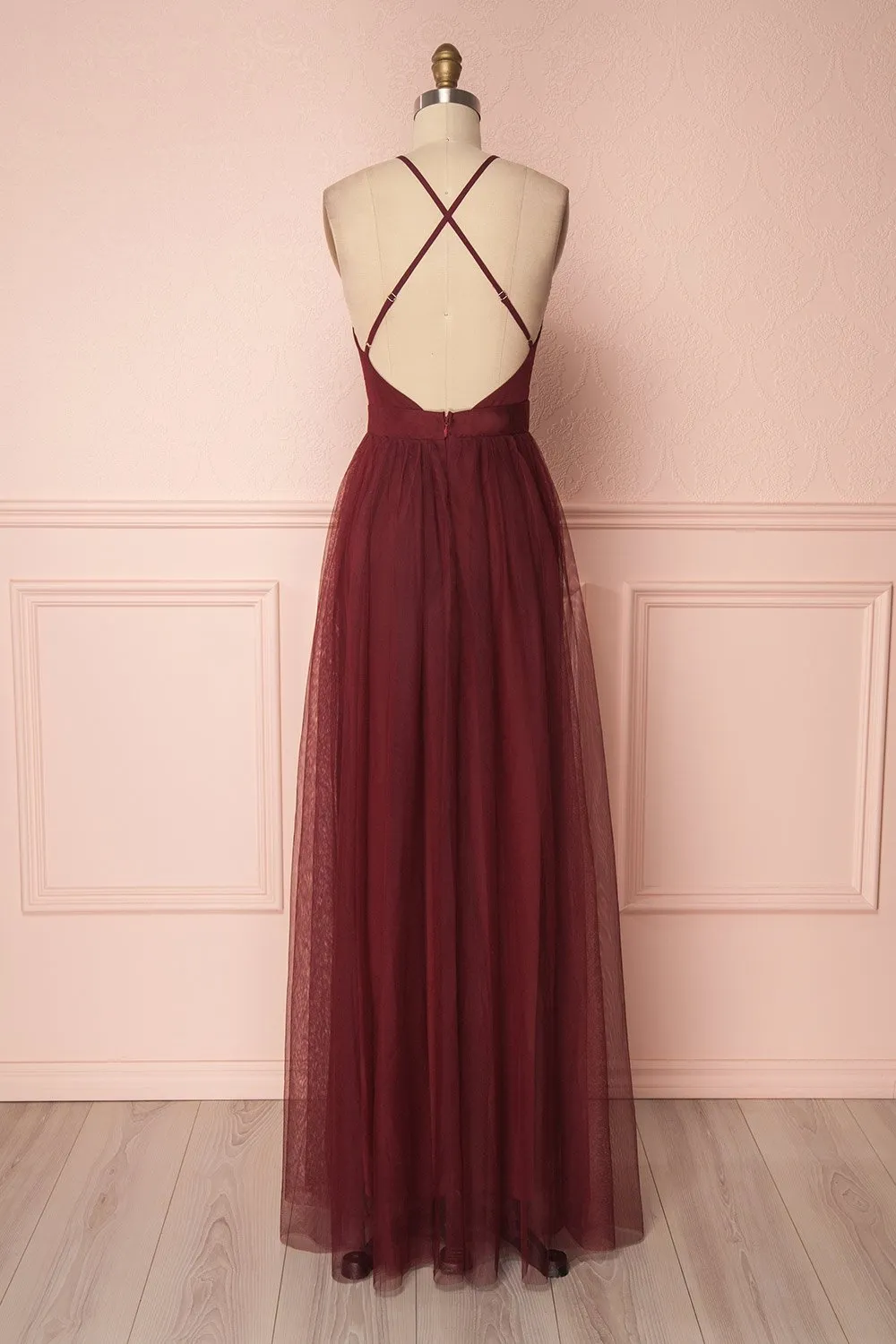 Aliki Wine | Backless Mesh Maxi Dress