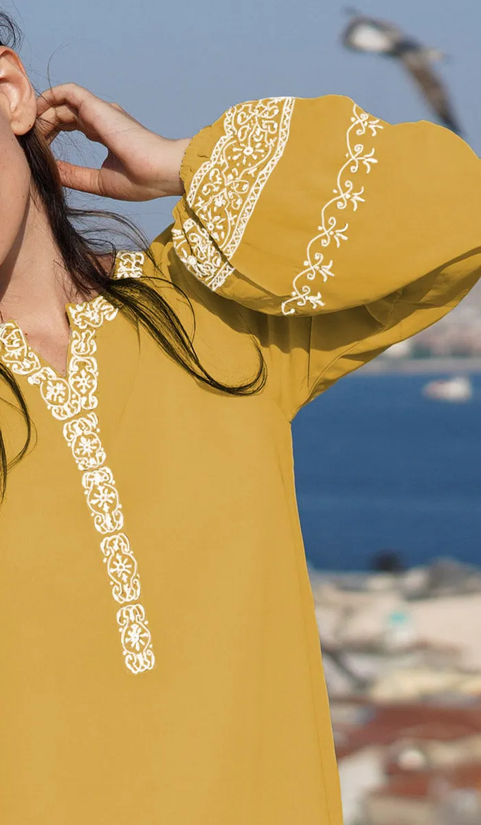 Amalie Embroidered Long Modest Tunic - Saffron - PREORDER (ships in 2 weeks)