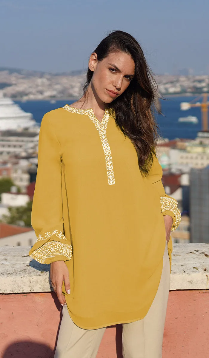 Amalie Embroidered Long Modest Tunic - Saffron - PREORDER (ships in 2 weeks)