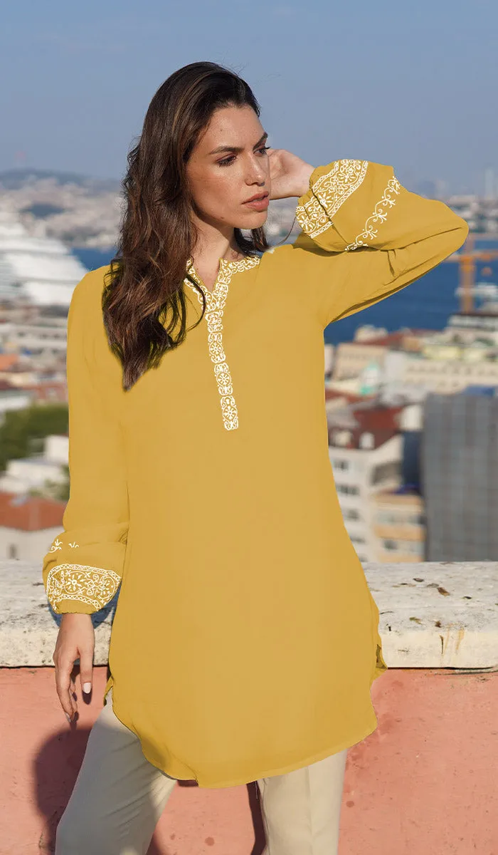 Amalie Embroidered Long Modest Tunic - Saffron - PREORDER (ships in 2 weeks)