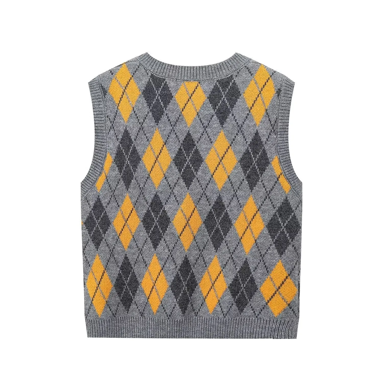 Amozae 1980s fashion trends 2024 Autumn and Winter Preppy Style V-neck Sleeveless Diamond Pattern Jacquard Knitted Vest