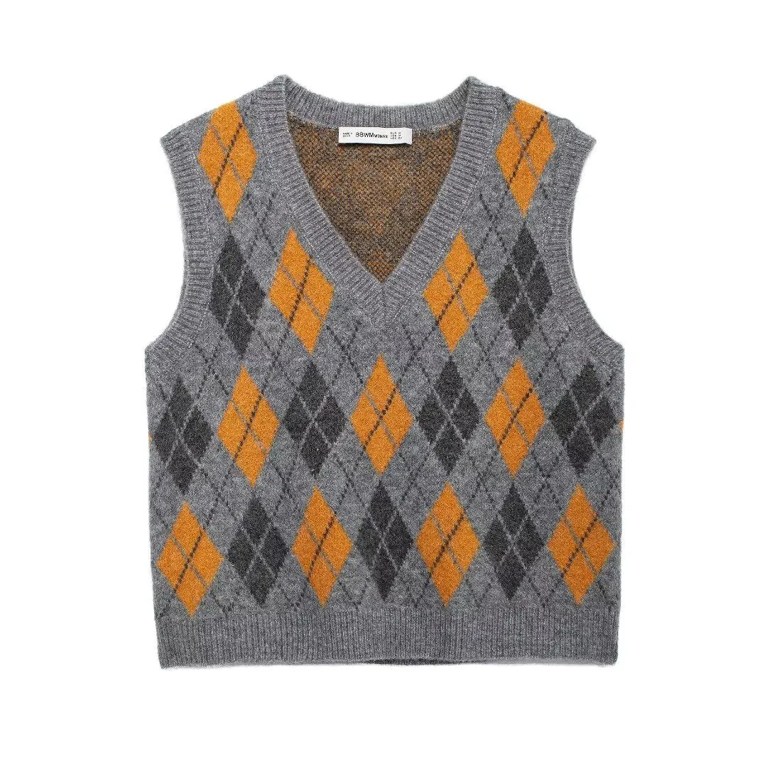 Amozae 1980s fashion trends 2024 Autumn Fashion Diamond Pattern Jacquard Knitted Vest Women's Clothing