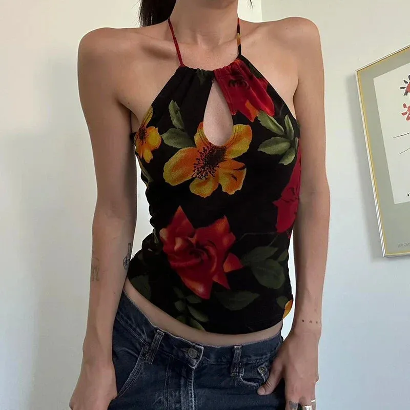 Amozae Vintage Floral Print Backless Cami Top Cut Out Front Women Sexy Halter Tank Tops Y2K Fashion Slim Vest Summer Outfits