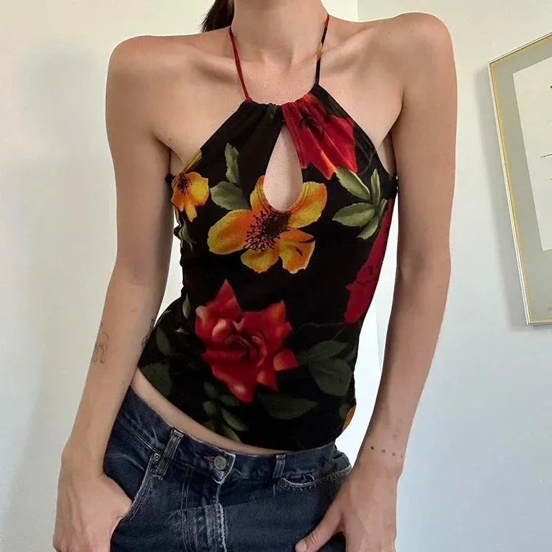 Amozae Vintage Floral Print Backless Cami Top Cut Out Front Women Sexy Halter Tank Tops Y2K Fashion Slim Vest Summer Outfits