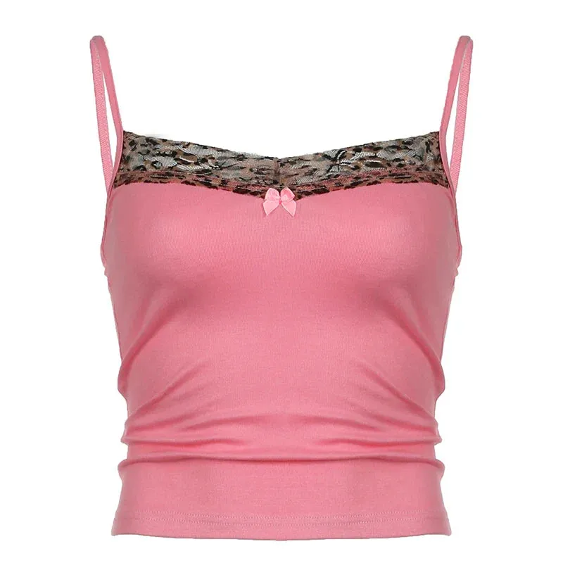 Amozae Y2K Leopard Print Collar Pink Camisole Women Sleeveless Knitted Cute Sexy Crop Top Summer Ladies Casual Vest Outfits