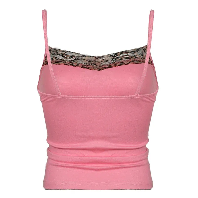 Amozae Y2K Leopard Print Collar Pink Camisole Women Sleeveless Knitted Cute Sexy Crop Top Summer Ladies Casual Vest Outfits