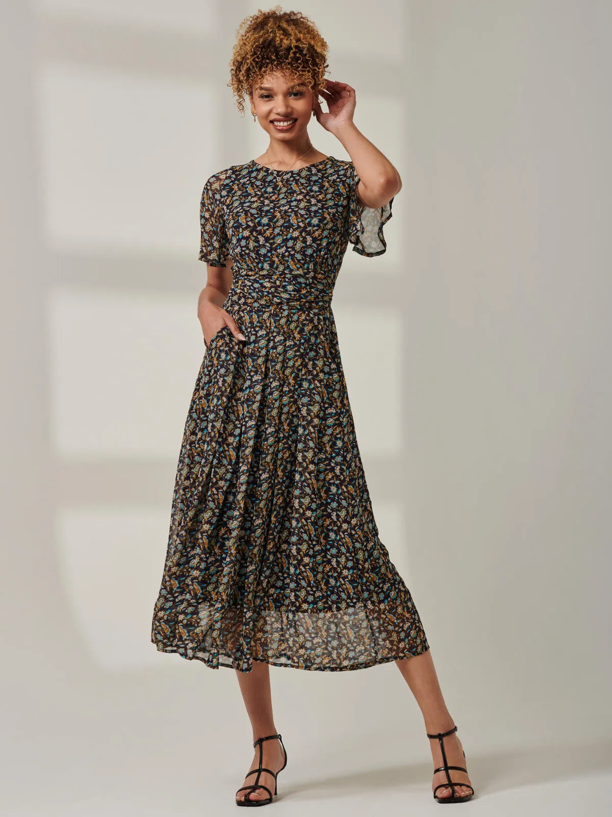 Angel Sleeve Chiffon Maxi Dress, Navy Floral