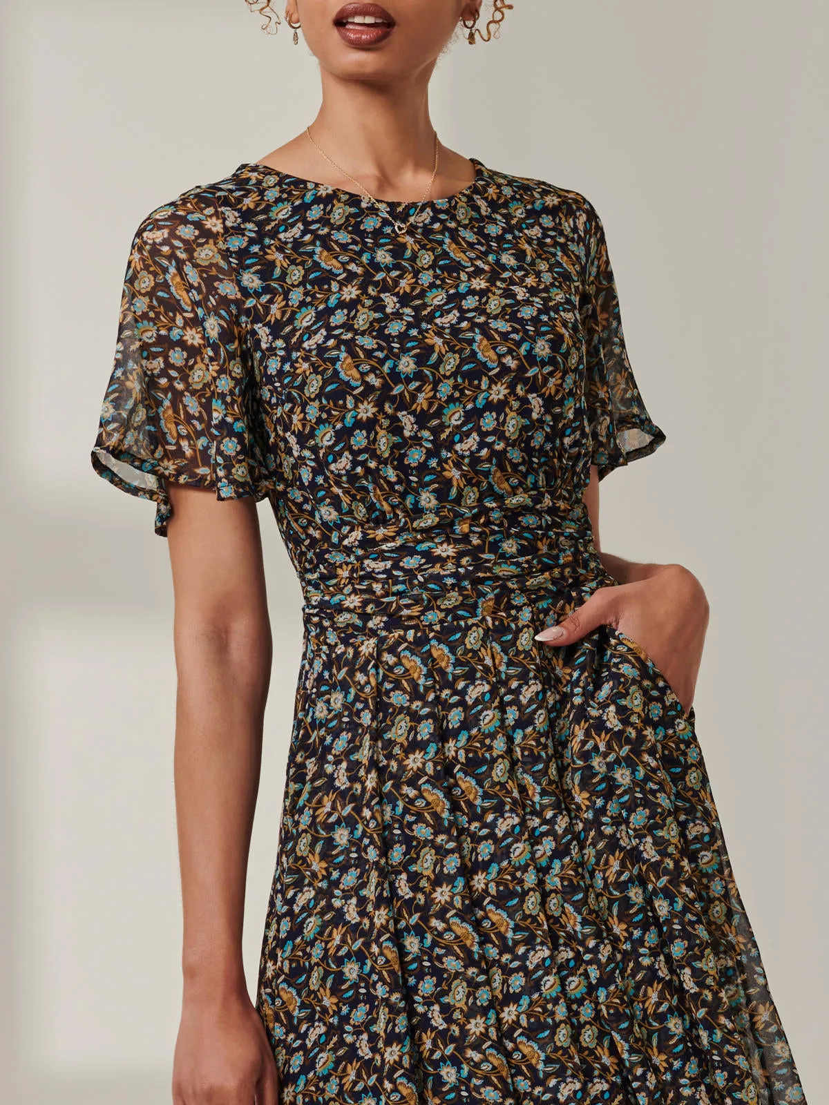 Angel Sleeve Chiffon Maxi Dress, Navy Floral