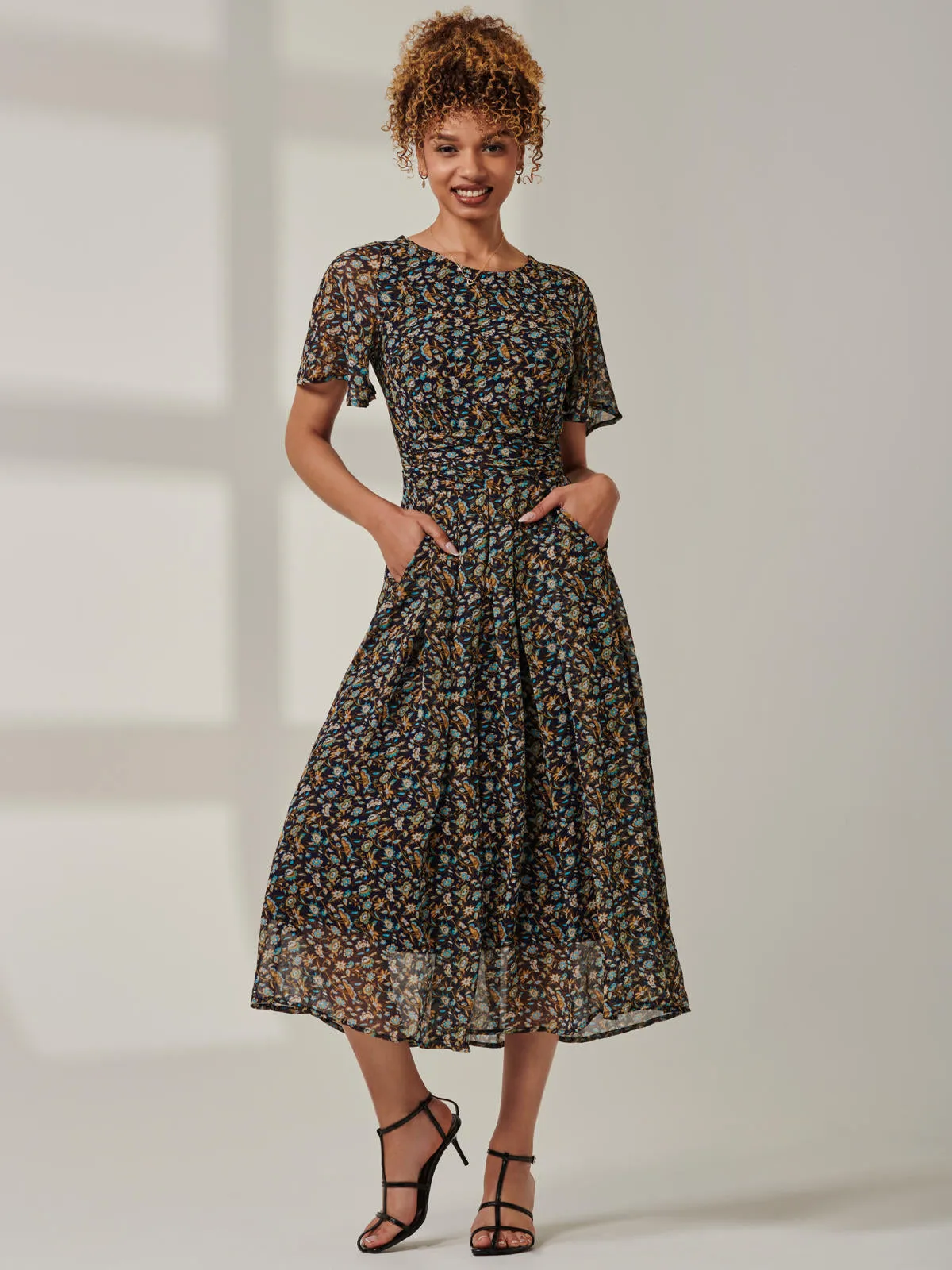 Angel Sleeve Chiffon Maxi Dress, Navy Floral