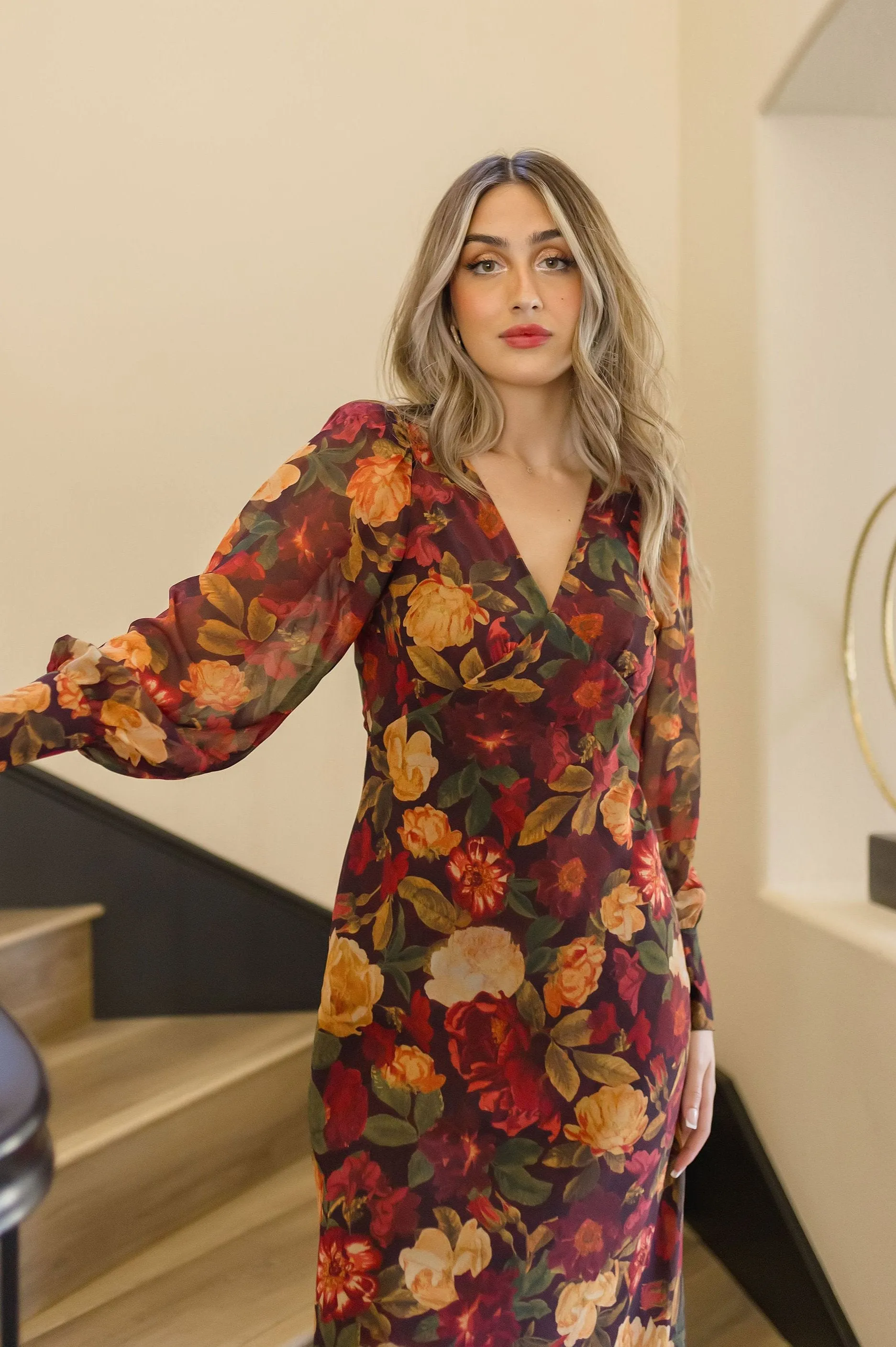 Angela Long Sleeve Floral Print Maxi Dress Rust