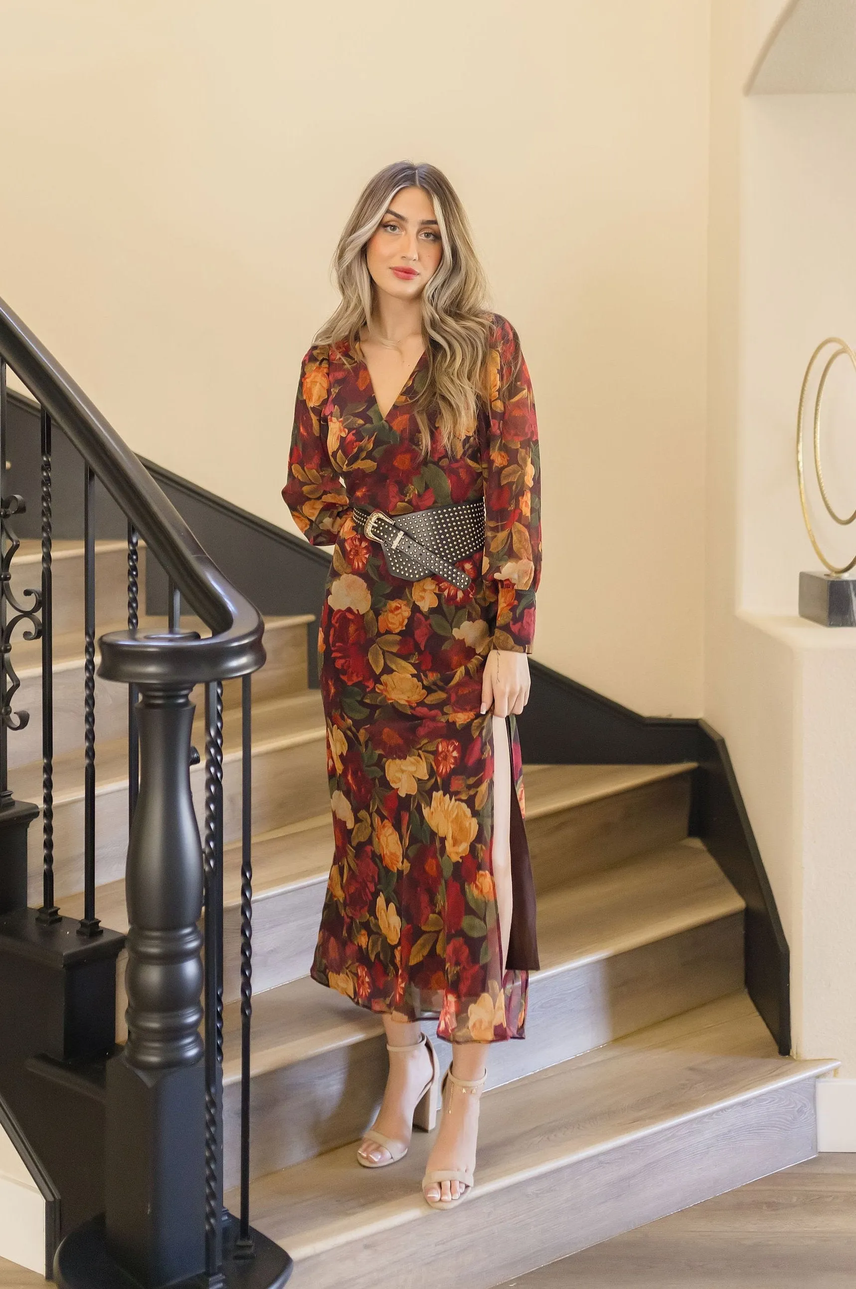 Angela Long Sleeve Floral Print Maxi Dress Rust