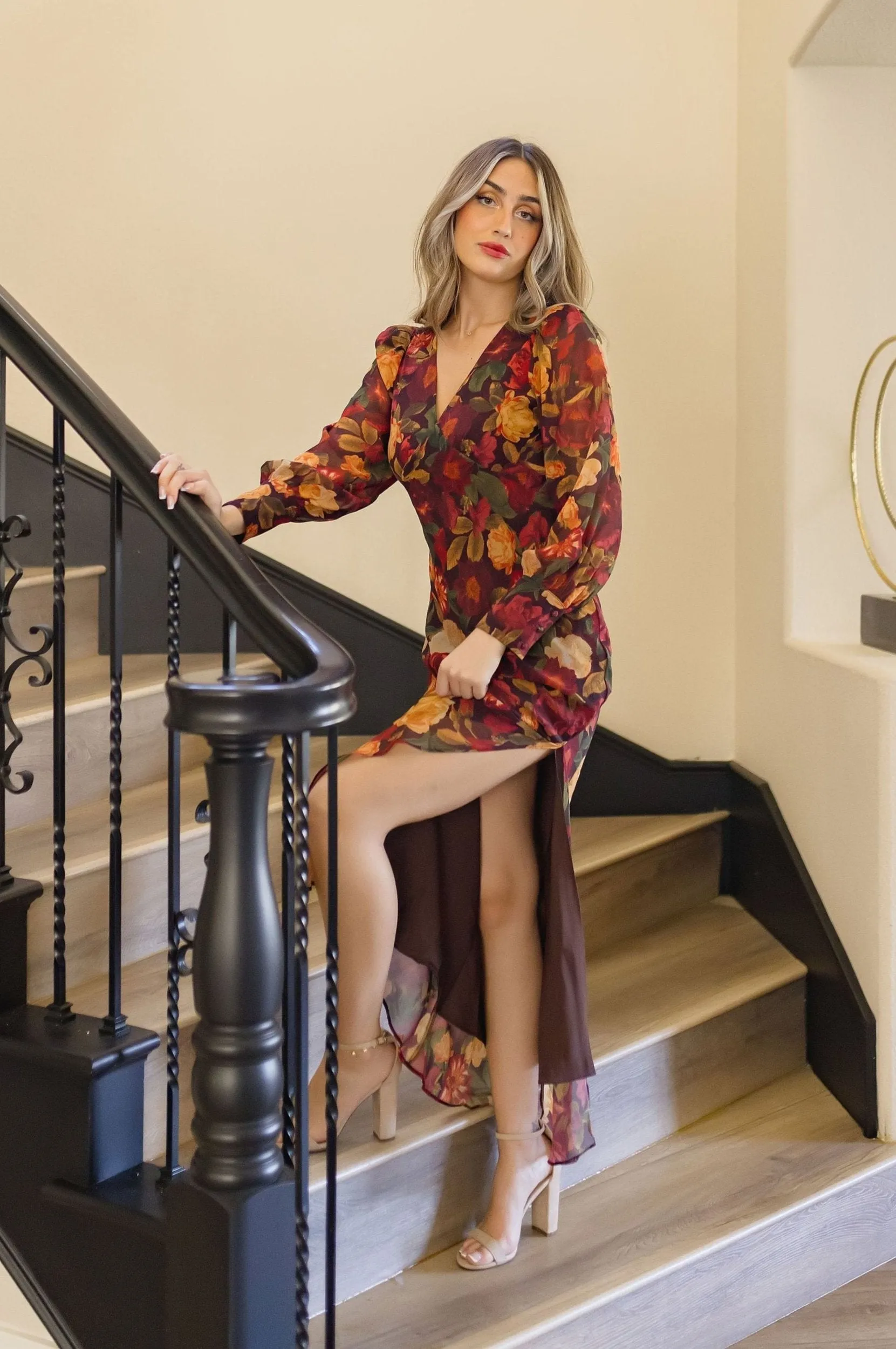 Angela Long Sleeve Floral Print Maxi Dress Rust