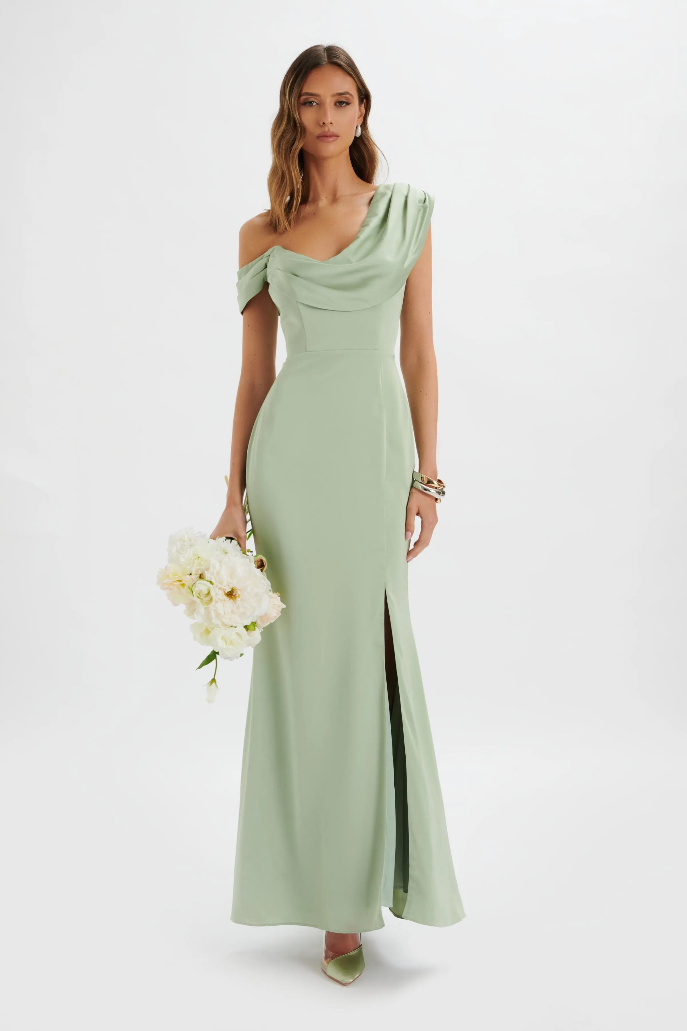 ANNABELLA Satin Asymmetric Drape Maxi Dress In Sage Green