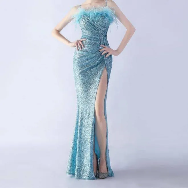 Annabeth Spaghetti Straps Feathered Maxi Dress