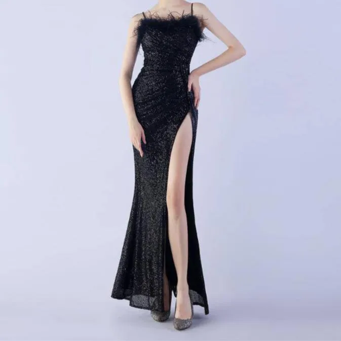 Annabeth Spaghetti Straps Feathered Maxi Dress