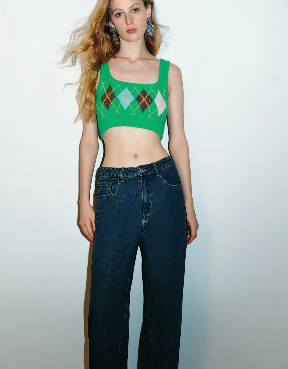 Argyle Print Knitted Tank Top