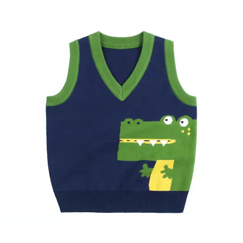 Baby Boy Cartoon Graphic Contrast Design V-Neck Sleeveless Knitted Vest Sweater by MyKids-USA™