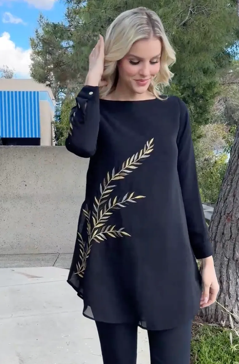 Baraka Gold Embroidered Formal Long Modest Tunic - Black - PREORDER (ships in 2 weeks)