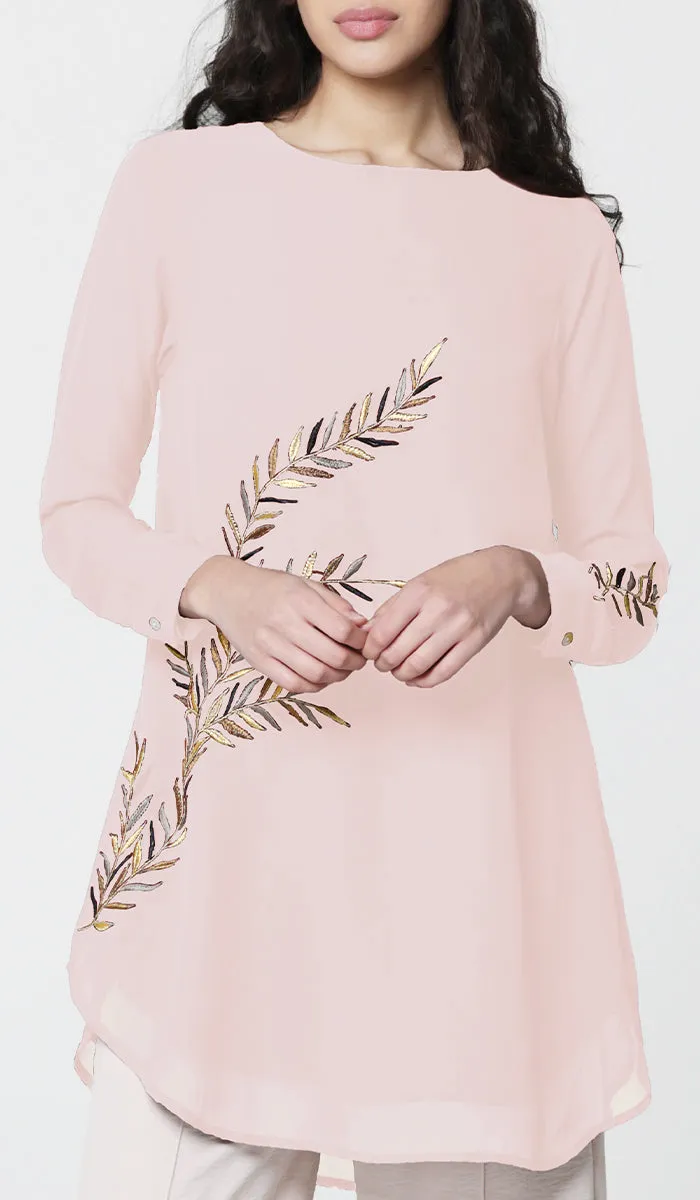 Baraka Gold Embroidered Formal Long Modest Tunic - Blush